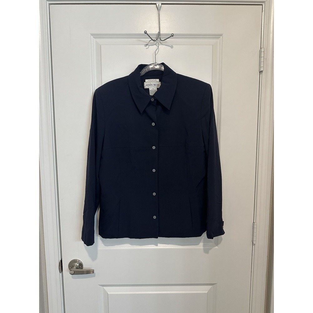 Vintage Y2K Jones Wear Stretch Boxy Blazer Navy Button Front Career Size 14